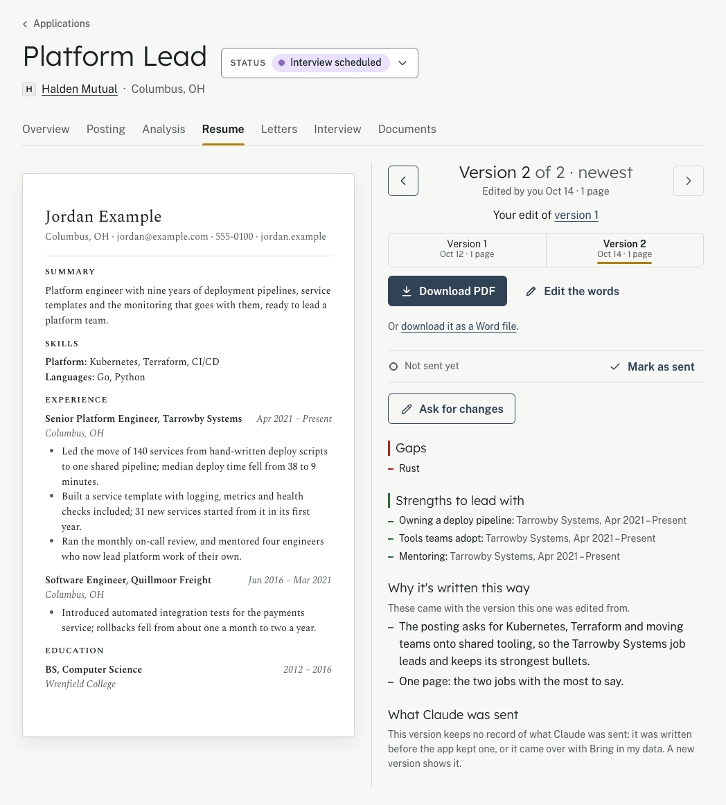 The Resume tab of an application for Platform Lead at Halden Mutual, status Interview scheduled, from the invented account Jordan Example. On the left, the resume on its paper. Beside it: version 2 of 2, edited by you on Oct 14, one page, based on version 1, with Download PDF; then the gaps, asked for in the posting and not yet in the career, and the strengths to lead with, each with where it is in the career record.